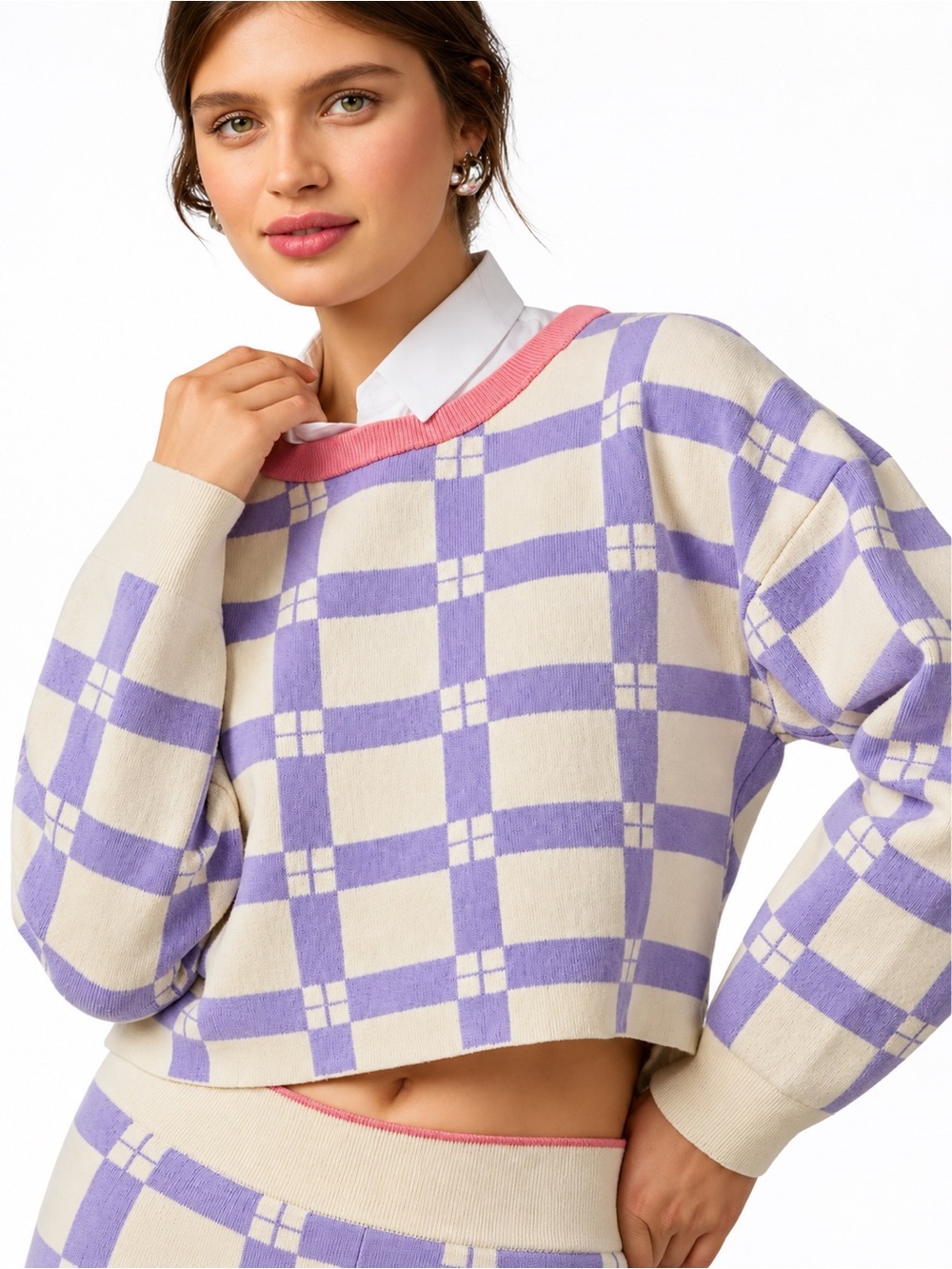 Anthropologie Daily Practice Plaid Cropped Sweater Purple Pink Cream M